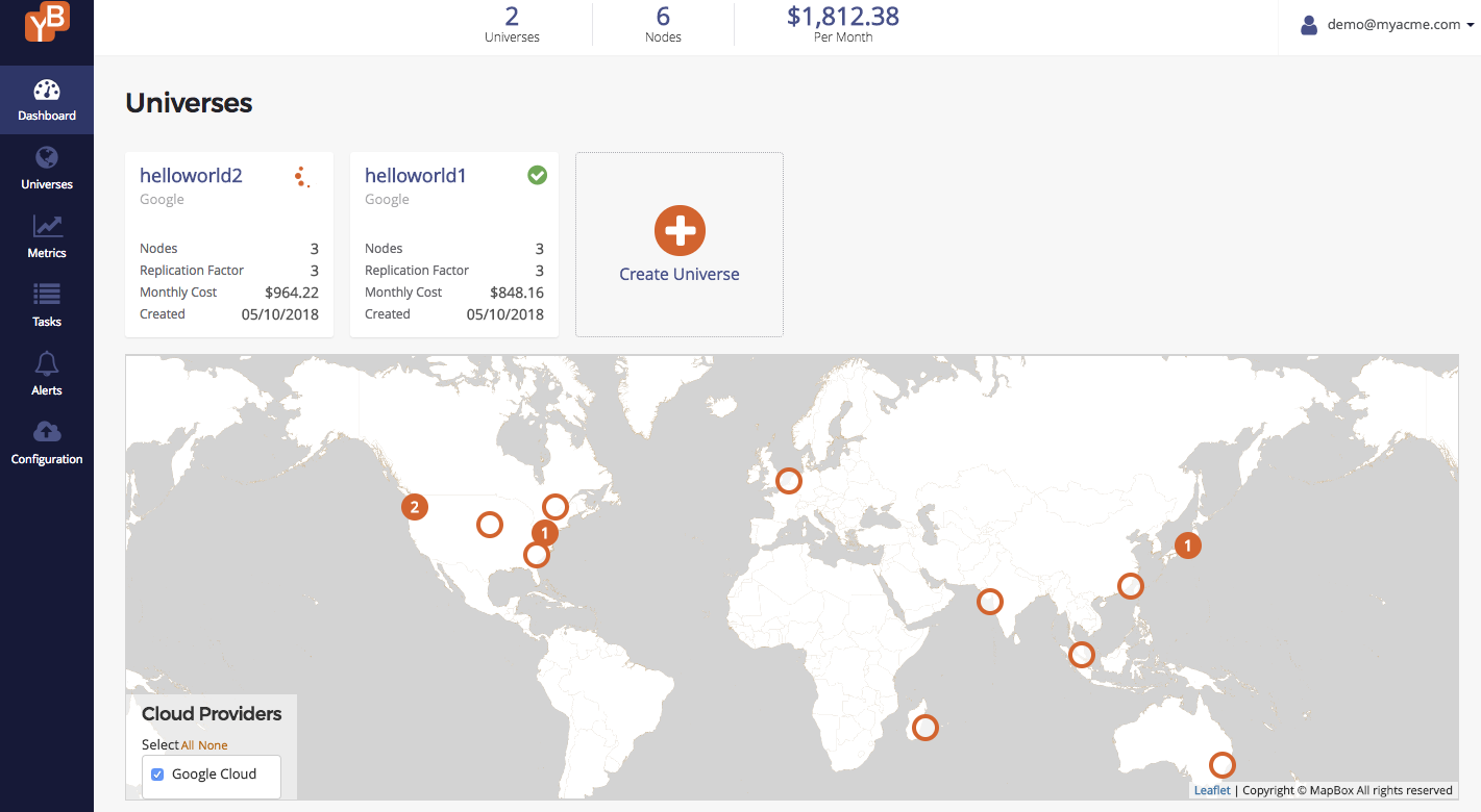 Multiple universes in Yugabyte Platform console