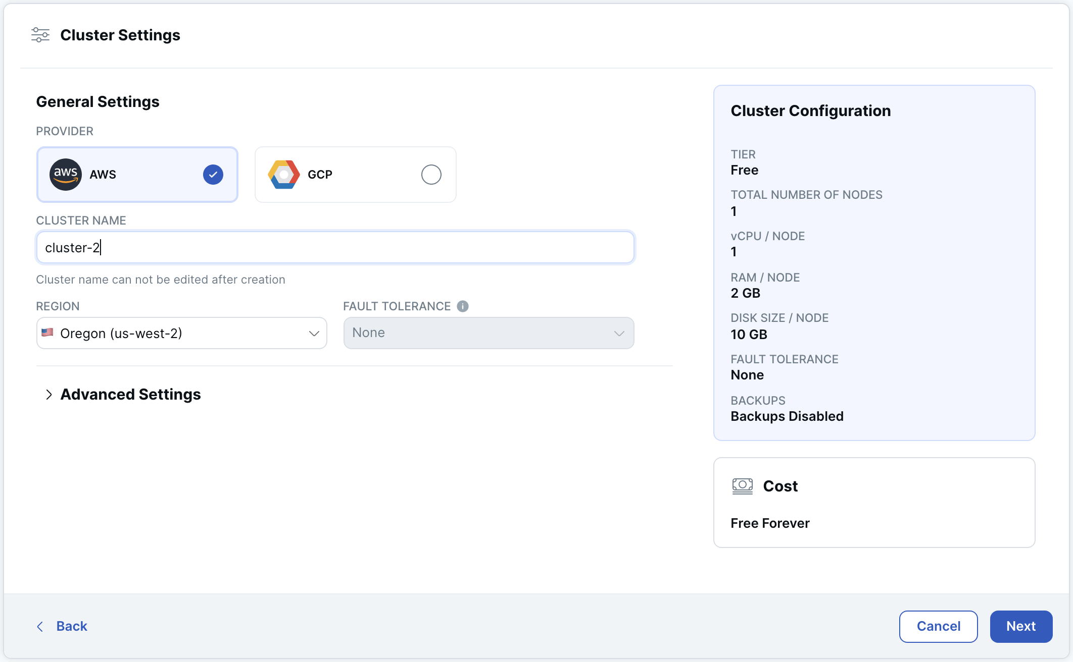 Add Cluster Wizard - Cluster Settings